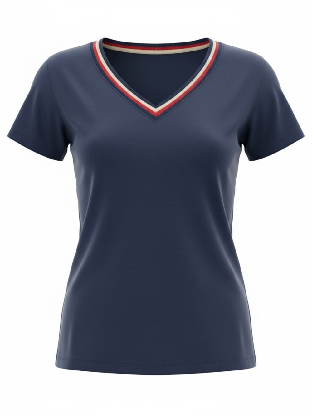 Tommy Hilfiger Navy V‑Neck Short Sleeve Tee with Red & White Trim